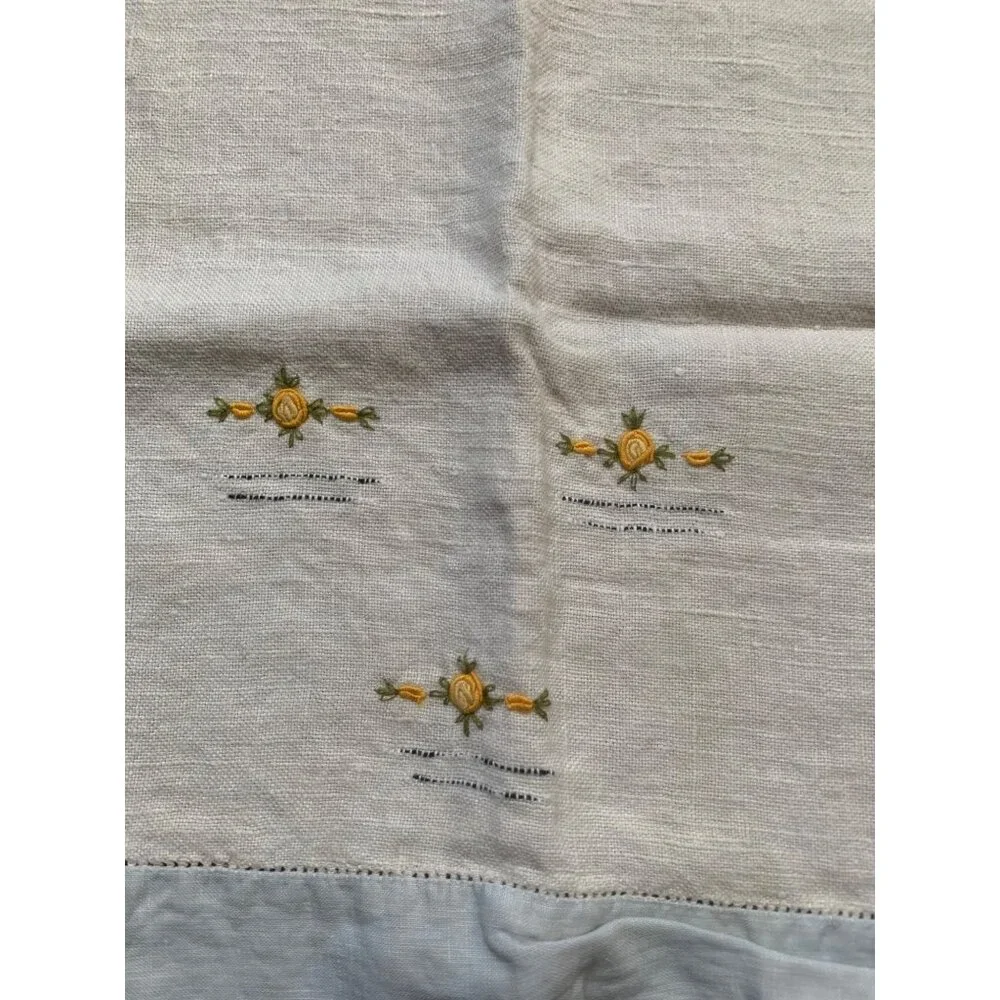 Vintage Hand Embroidered Linen Towel Yellow Rose Trim 16